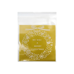 Plic de celofan 10x13 cm coroană de Crăciun transparentă cu spate auriu și adeziv - 100 bucăți