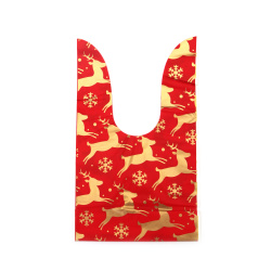 Pungi cadou de Crăciun cu mânere din material PE 14x23 cm, culoare roșie cu cerbi - 50 bucăți