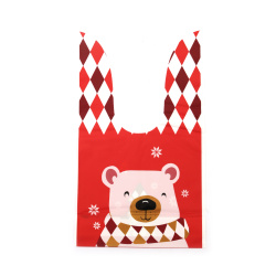Pungi cadou de Crăciun cu mânere din material PE 14x23 cm culoare roșu alb ursuleț cu eșarfă - 50 bucăți