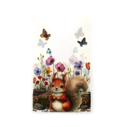 Pungi cadou cu mânere din material PE 14x23 cm, culoare albă cu o veveriță drăguță - 50 bucăți