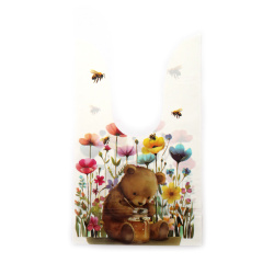 Pungi cadou cu mânere din material PE 14x23 cm culoare albă cu Winnie the Pooh flămând - 50 bucăți