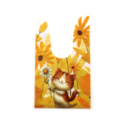 Adorable White PE Gift Bags 14x23 cm with Kitten and Flower Design – Set of 50