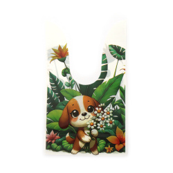 Pungi cadou cu mânere din material PE 14x23 cm culoare alb cățeluș cu buchet de flori - 50 bucăți