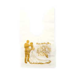 Elegant White PE Gift Bags 10x17 cm with Gold Print & “Happy Wedding Day” Bride and Groom Design – Set of 50