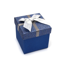 Cutie cadou 10x10x9,5 cm, culoare albastră cu brocart și panglică