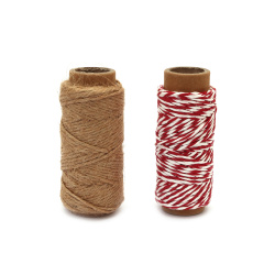 Set of Twisted Hemp Rope and Twisted White-Red Paper Cord / 2 mm x 20 meters