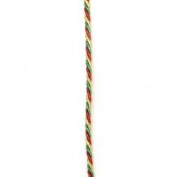 Шнур полиестер 3 мм пресукан с ламе цвят зелено,червено и златно -3 метра