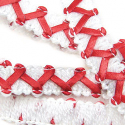 Zig-Zag White-Red Ribbon, Textile and Leather / Width: 11 mm - 20 meters