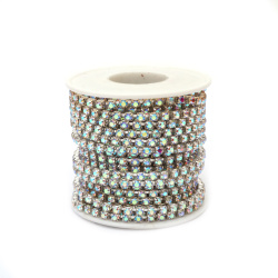 Metallic Ribbon, 3.5 mm, with Transparent Glass Crystal Rainbow SS16 - 9 meters