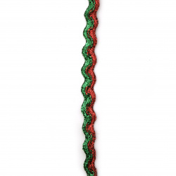 Ламе 6 мм плоско зиг-заг двуцветен цвят зелено и червено -5 метра