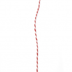 Шнур памук 2 мм пресусано бяло и червено 2x4 ката ~40 метра