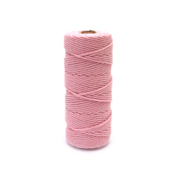 Шнур памук 3 мм цвят светло розов -100 метра