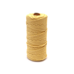 Шнур памук 3 мм цвят светло жълт -100 метра