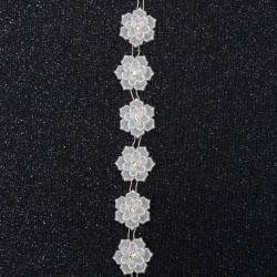 Strip of Pearl Plastic Flowers with Rhinestones / 20 mm / White - 1 meter