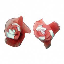 Rose 50 mm satin and organza red and white -10 pieces