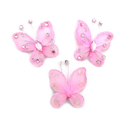 Organza Wire Butterfly with glitter For Home Decor, Party Accessories 50 mm  pink