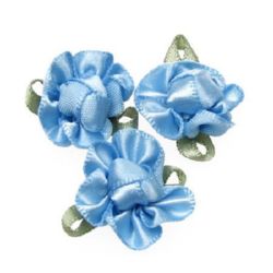 Decorative fabric flower element for decoration of invitations, festive cards, scrapbook craft projects 20x28 mm with leaf blue - 10 pieces