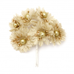 Букет цветя от текстил с перла цвят злато 50x110 мм -6 броя