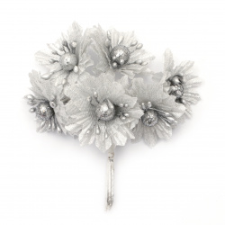 Glossy textile flower bouquet  with pearls 50x110 mm color silver - 6 pieces