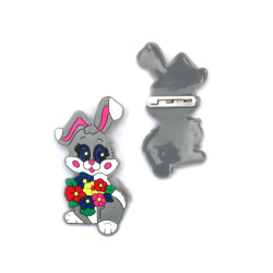 Rubber Bunny with Bouquet with Clasp Pin / 60x30x2 mm - 5 pieces