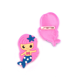 Rubber Brooch with Pin Back, Mermaid with Pink Hair / 50x30x3 mm - 5 pieces