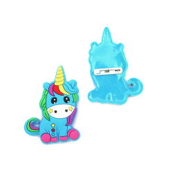 Rubber Badge with Safety Pin, Blue Unicorn / 58x42x3 mm - 5 pieces