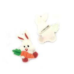 Rubber Badge with Safety Pin, White Bunny with Carrot / 48x40x3 mm - 5 pieces