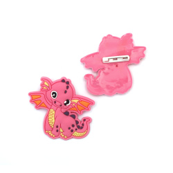 Rubber Charm with Clasp, 48x53x3 mm, Pink Dragon - 5 Pieces