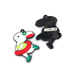 Rubber Brooch with Safety Pin, Bunny with Skates / 55x42x3 mm - 5 pieces
