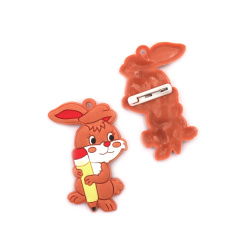 Rubber Brooch with Pin Clasp, Bunny with Pencil / 53x37x3 mm - 5 pieces