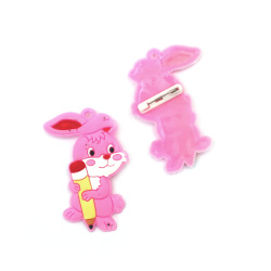 Rubber Brooch with Pin Clasp, Pink Bunny with Pencil / 53x37x3 mm - 5 pieces