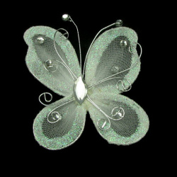 Organza and wire butterfly with glitter for home decor, party accessories 70x60 mm  rainbow white