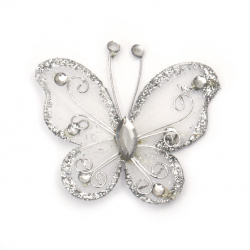 Organza and wire butterfly, silver with glitter, 50 mm