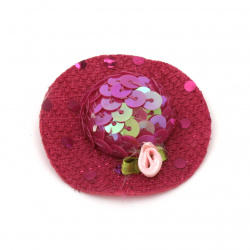 Καπέλο 48x15 mm φελιζόλ με τριαντάφυλλο και πούλιες, φούξια -2 τεμάχια
