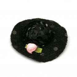 Καπέλο 48x15 mm φελιζόλ με τριαντάφυλλο και πούλιες, μαύρο -2 τεμάχια