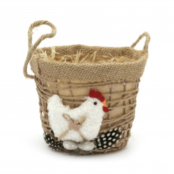 Hemp Fabric Basket with Hen for Easter Decoration / 120x100 mm