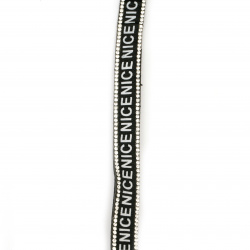 Banda din piele de căprioară 15x3 mm cu două rânduri de cristale și inscripție neagră -1 metru