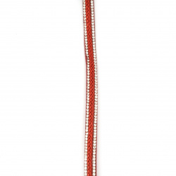 Panglică de piele de căprioară 10x4 mm cu două rânduri de cristale și roșu de mătase împletit -1 metru