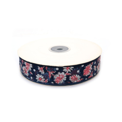 Nicht online verfügbar. Sie können auch in den EM ART Geschäften und unter +359 884 000 893 kaufen. Organza-Schleifenband 25 mm, Dunkelblau mit Blumenmuster – 3 m