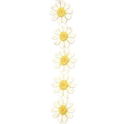 Dantela impletita cu flori late 25 mm alb si galben - 1 metru