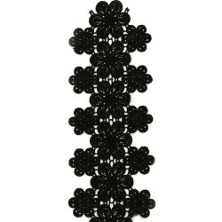 Strip of Crocheted Lace with Floral Pattern / 90 mm / Black - 1 meter
