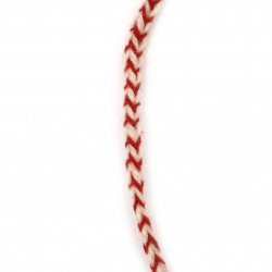 Κορδόνι  πλακέ  πλεξούδα 6 mm 100% μαλλί χρώμα λευκό, κόκκινο -3 μέτρα