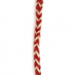 Шнур/за мартеници/ плосък плитка 6 мм 100 процента вълна цвят червен, бял-3 метра