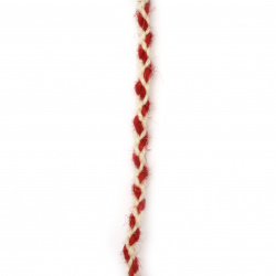 Объл шнур 4 мм 100 процента вълна цвят бял, червен -3 метра