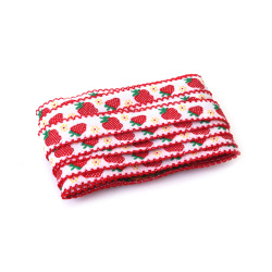 Dekorační lemovací stuha 13 mm, bílá s motivem červených jahod, zelených stonků, žlutých květů a červeným lemem - 5 m