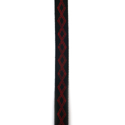 Panglică decorativă (galon) 11 mm, neagră cu romburi roșii, 5 m