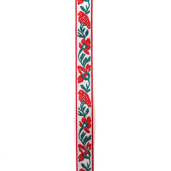 Florales Zierband 12 mm – Weiß mit roten Blumen und grünen Zweigen, 5 m Rolle für stilvolle Bastelprojekte