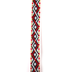 Galon decorativ 20 mm, alb cu roșu, negru, alb și fir Lurex auriu - 5 metri