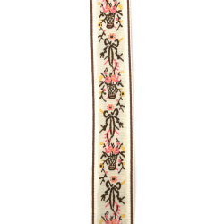 Panglică decorativă pentru craft, 30 mm, albă cu vază verde, flori roz și galbene, fundițe verzi și margine maro – 5 m