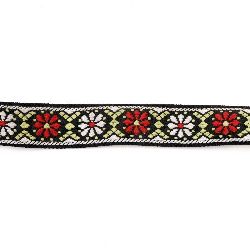 Ширит 25 мм черен с бели и червени цветя -5 метра